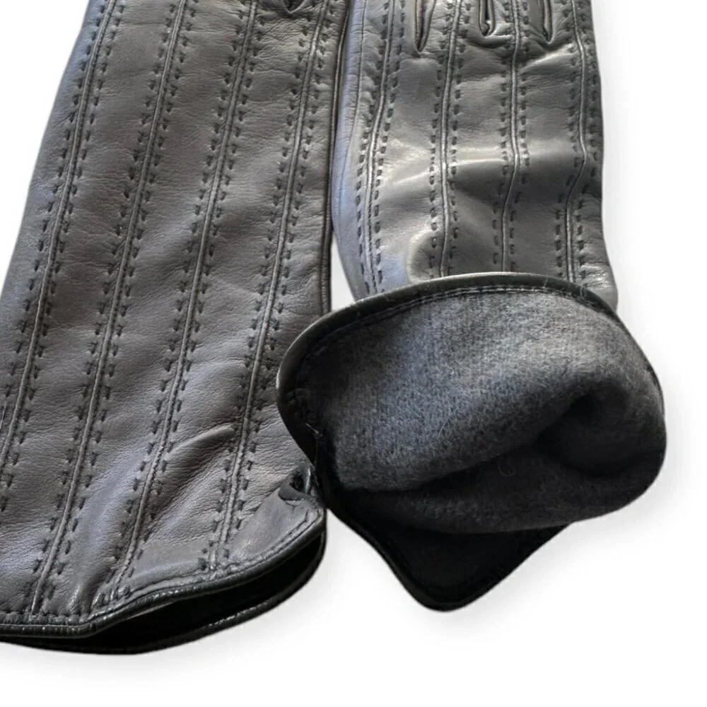 New Sermoneta Kid Leather Cashmere Lined Gloves, Medium‎ Length, Gray, size 7.5